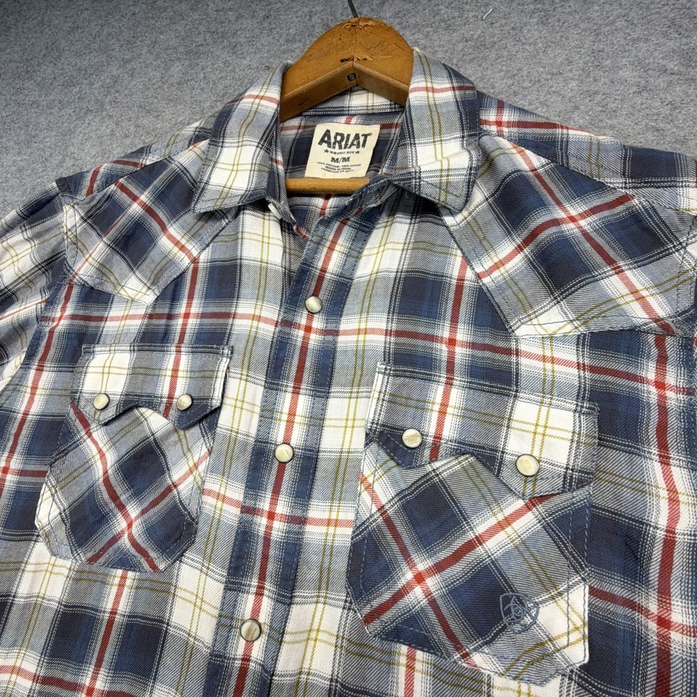 Ariat Harter Retro Plaid Western Pearl Snap Shirt Mens Medium Red Blue Sawtooth